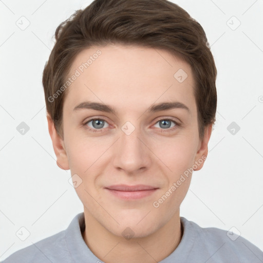 Joyful white young-adult female with short  brown hair and grey eyes