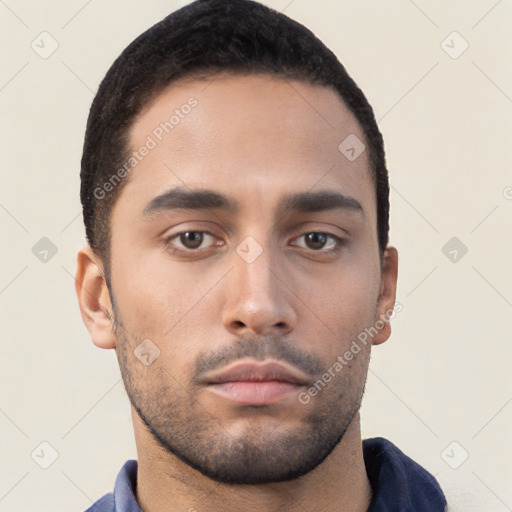 Neutral latino young-adult male with short  brown hair and brown eyes