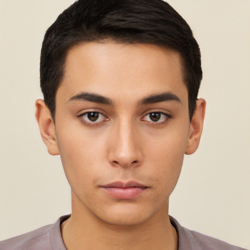 Neutral asian young-adult male with short  black hair and brown eyes