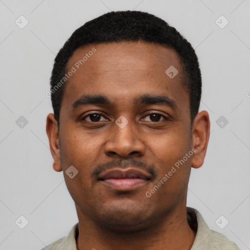Neutral black young-adult male with short  black hair and brown eyes