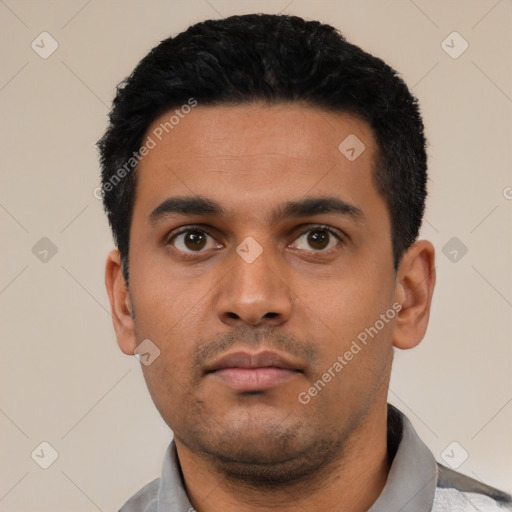 Neutral latino young-adult male with short  black hair and brown eyes