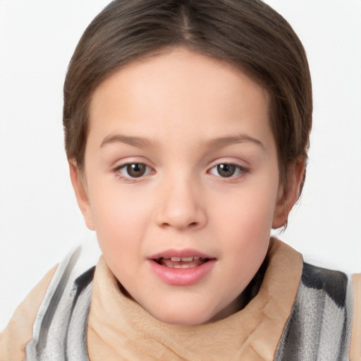 Joyful white child female with short  brown hair and brown eyes