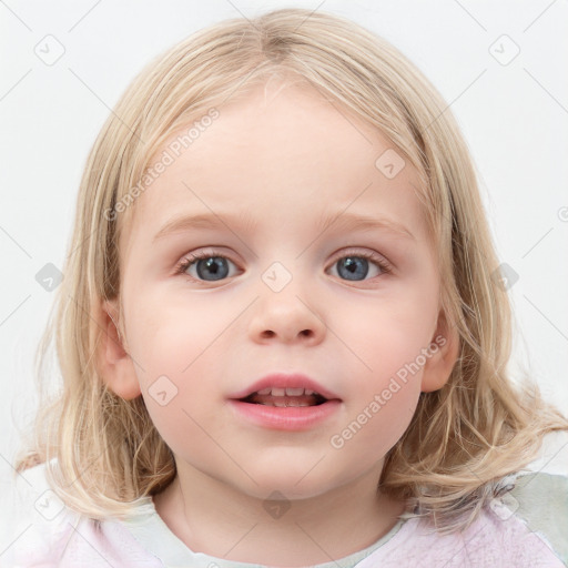 Neutral white child female with medium  brown hair and blue eyes