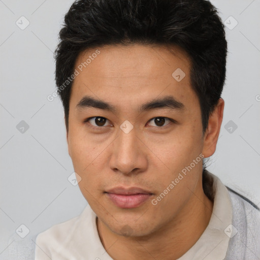 Neutral asian young-adult male with short  black hair and brown eyes