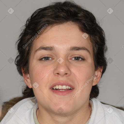 Joyful white young-adult male with medium  brown hair and brown eyes