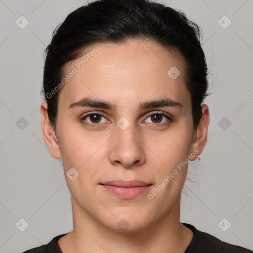 Joyful white young-adult female with short  brown hair and brown eyes