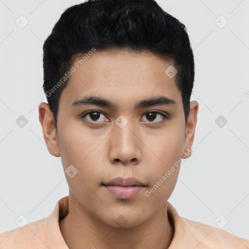 Neutral asian young-adult male with short  black hair and brown eyes