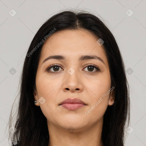 Neutral latino young-adult female with long  brown hair and brown eyes