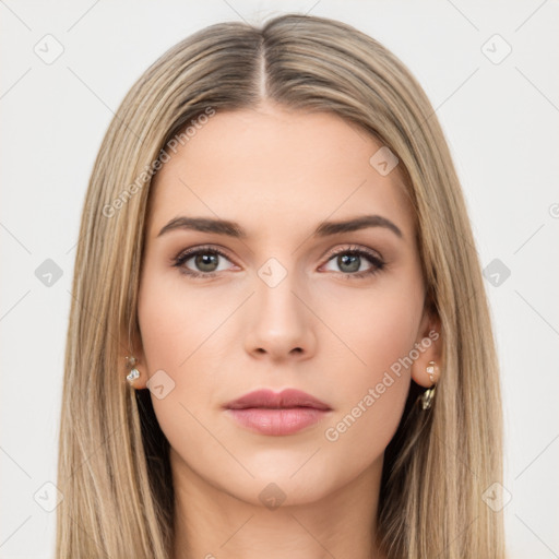 Neutral white young-adult female with long  brown hair and brown eyes