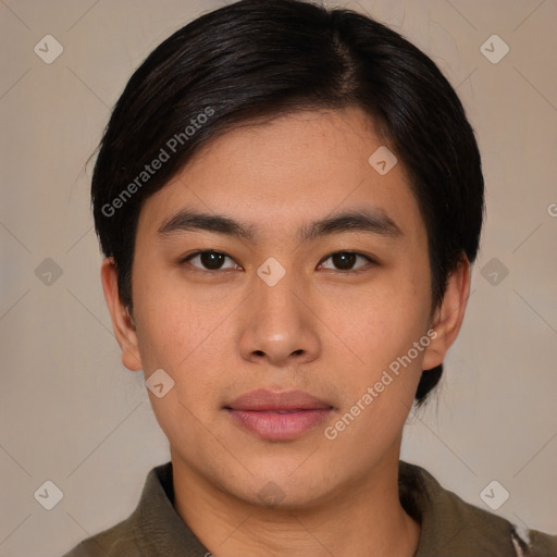 Neutral asian young-adult male with short  black hair and brown eyes