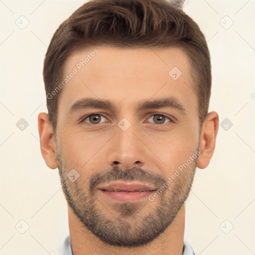 Joyful white young-adult male with short  brown hair and brown eyes