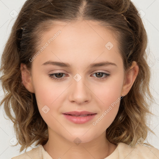 Joyful white child female with medium  brown hair and brown eyes