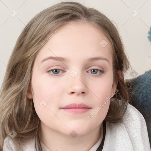 Neutral white young-adult female with medium  brown hair and blue eyes