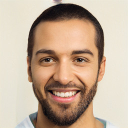 Joyful latino young-adult male with short  black hair and brown eyes