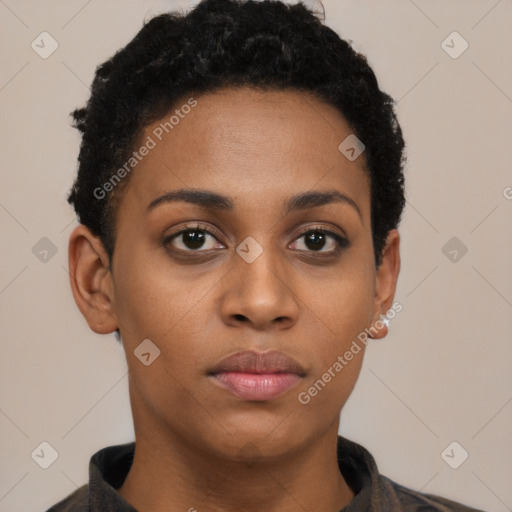 Neutral black young-adult female with short  brown hair and brown eyes