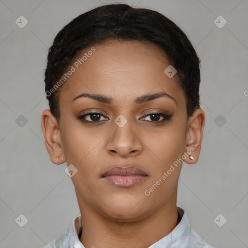 Joyful latino young-adult female with short  brown hair and brown eyes