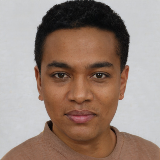 Neutral black young-adult male with short  black hair and brown eyes