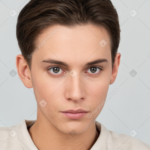 Neutral white young-adult male with short  brown hair and brown eyes