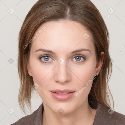 Neutral white young-adult female with medium  brown hair and grey eyes