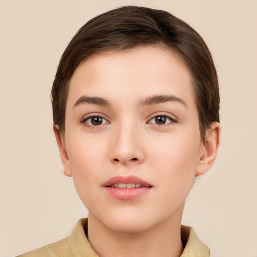 Neutral white young-adult female with short  brown hair and brown eyes