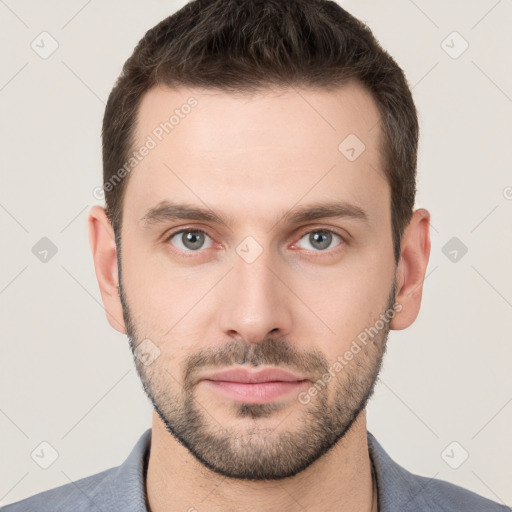 Neutral white young-adult male with short  brown hair and brown eyes