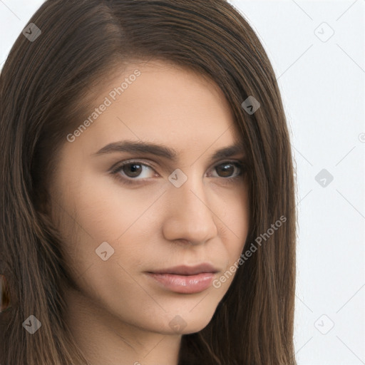 Neutral white young-adult female with long  brown hair and brown eyes