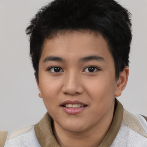 Joyful latino young-adult male with short  brown hair and brown eyes