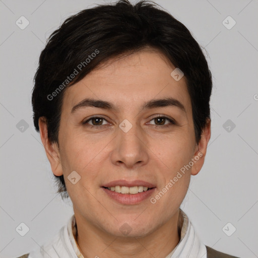 Joyful white young-adult female with short  brown hair and brown eyes