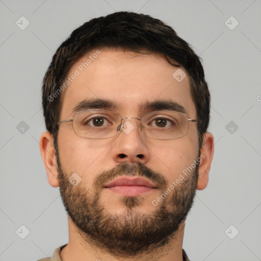 Neutral white young-adult male with short  brown hair and brown eyes