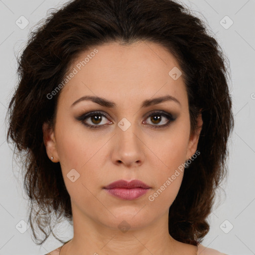 Neutral white young-adult female with medium  brown hair and brown eyes