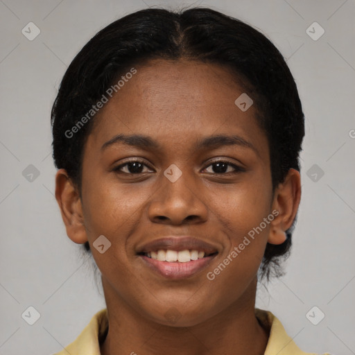 Joyful latino young-adult female with short  brown hair and brown eyes