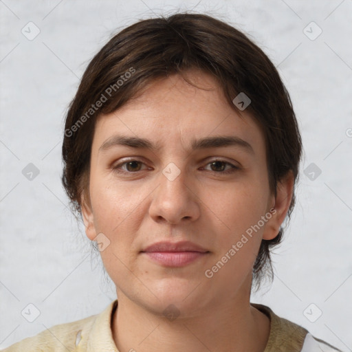 Neutral white young-adult female with medium  brown hair and brown eyes