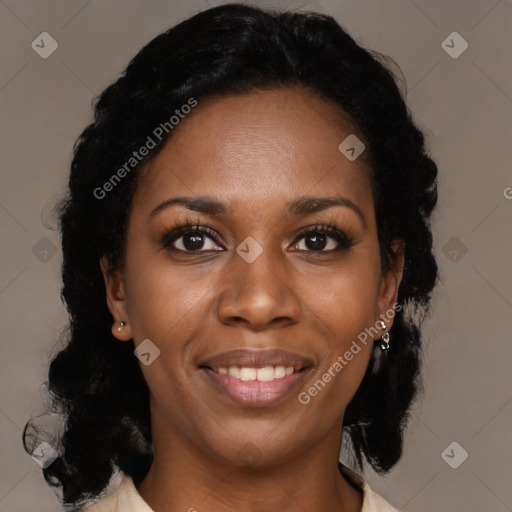 Joyful black young-adult female with medium  black hair and brown eyes