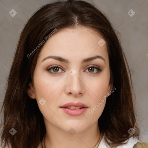 Neutral white young-adult female with medium  brown hair and brown eyes