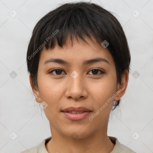 Joyful asian young-adult female with short  brown hair and brown eyes