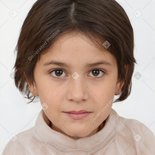 Joyful white child female with medium  brown hair and brown eyes