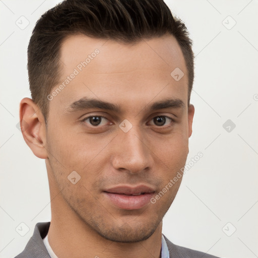 Neutral white young-adult male with short  brown hair and brown eyes