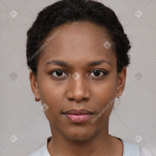 Neutral black young-adult female with short  brown hair and brown eyes