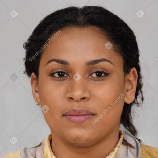 Joyful latino young-adult female with short  brown hair and brown eyes