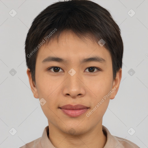 Joyful asian young-adult male with short  brown hair and brown eyes