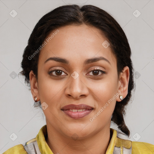 Joyful latino young-adult female with medium  brown hair and brown eyes