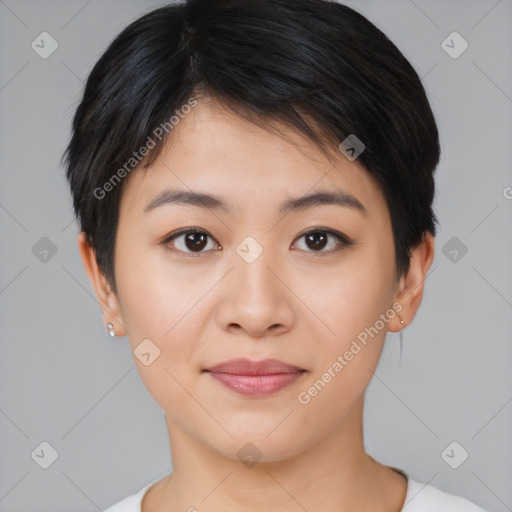 Joyful asian young-adult female with short  brown hair and brown eyes