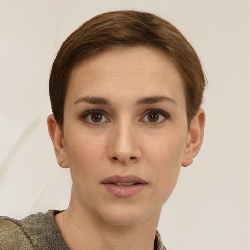 Neutral white young-adult female with short  brown hair and brown eyes