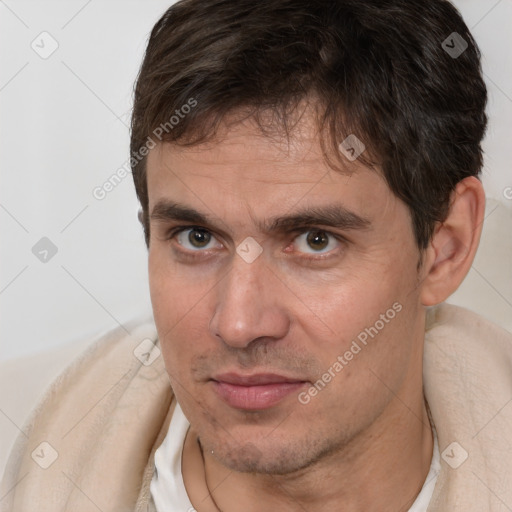 Neutral white adult male with short  brown hair and brown eyes