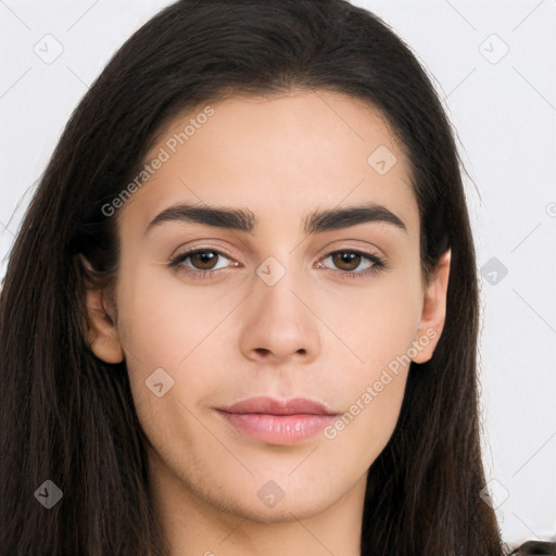 Neutral white young-adult female with long  brown hair and brown eyes