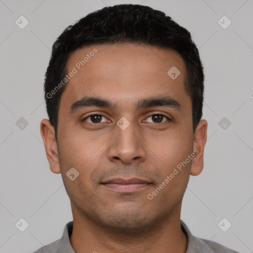 Neutral latino young-adult male with short  black hair and brown eyes