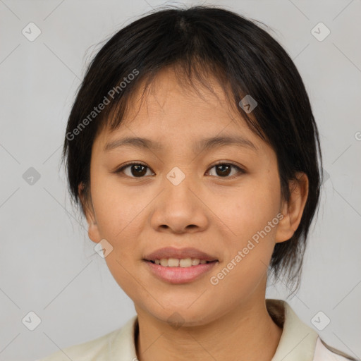 Joyful white young-adult female with medium  brown hair and brown eyes