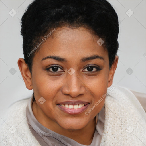 Joyful black young-adult female with short  brown hair and brown eyes