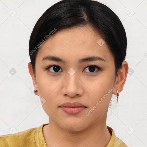 Neutral asian young-adult female with short  brown hair and brown eyes