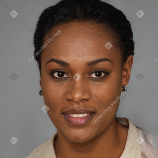 Joyful black young-adult female with short  black hair and brown eyes